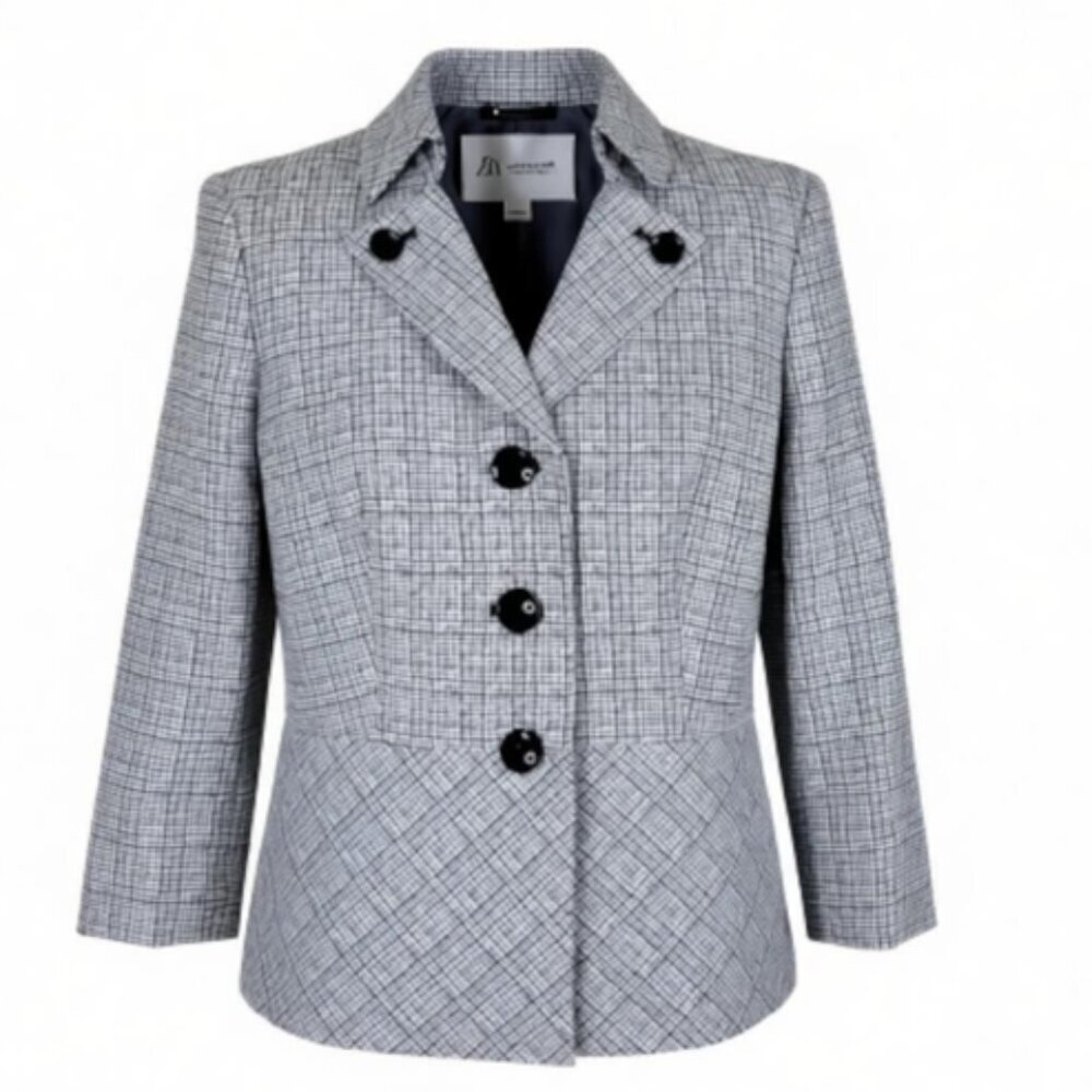 Le Suit Blazer Size 8P Black White Textured Slit Cuff Lightweight 3/4 Sleeve